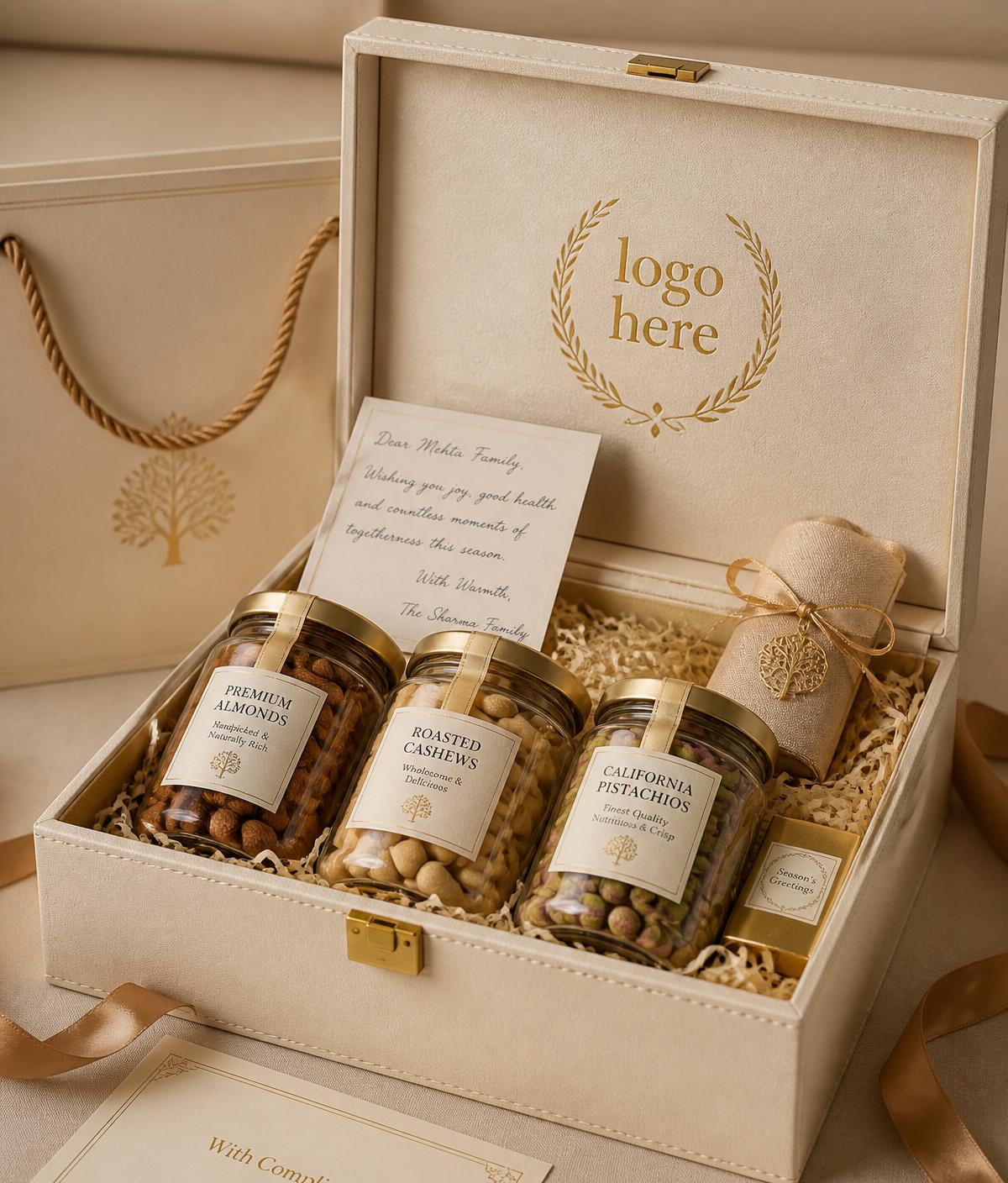 Custom branded corporate gift box with foil-stamped logo