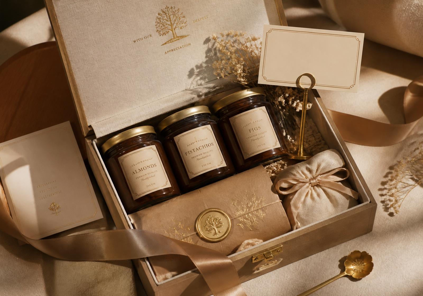 Bespoke corporate gift hamper with dry fruits, wax seal and handwritten card